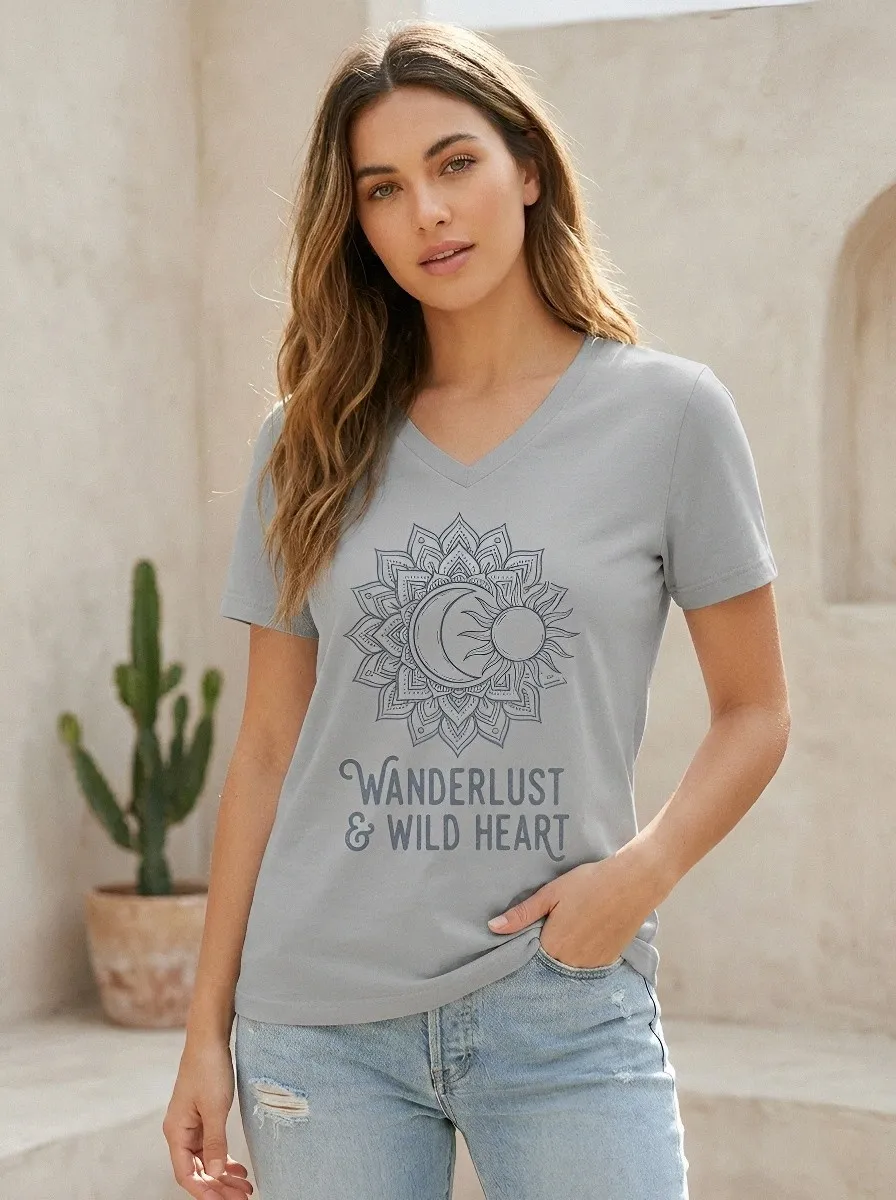 Women's Wanderlust Boho Sun Moon Mandala Printed V-neck T-shirt