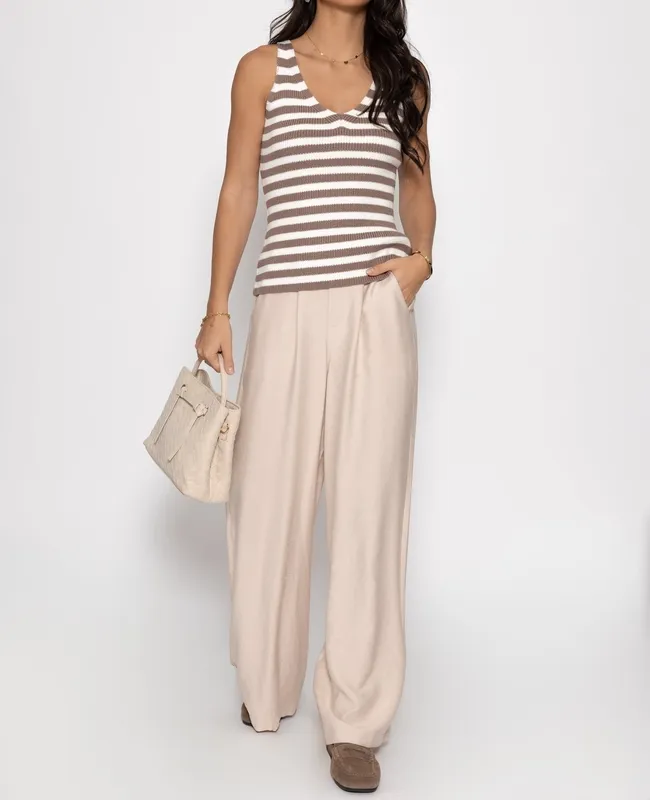 Off White Taupe Knit Striped V Top