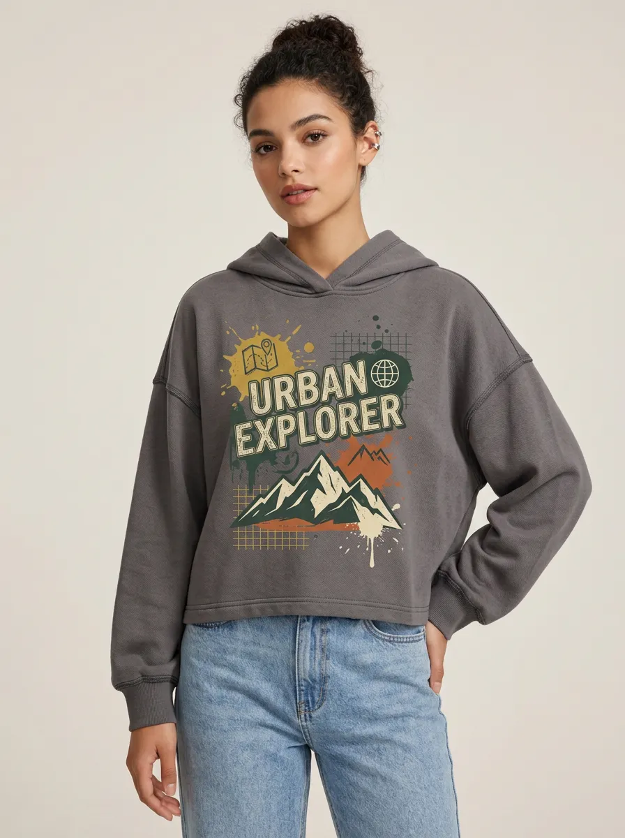 Women's Urban Explorer Mountain Map Printed Crop Hoodie
