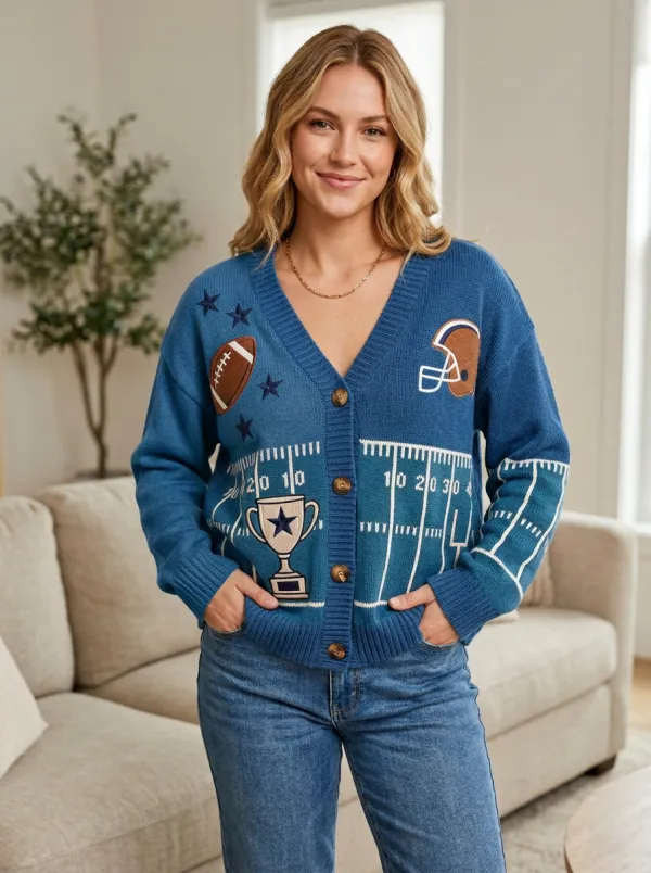 Women's American Football Fan Trophy Helmet Pattern Knitted Cardigan