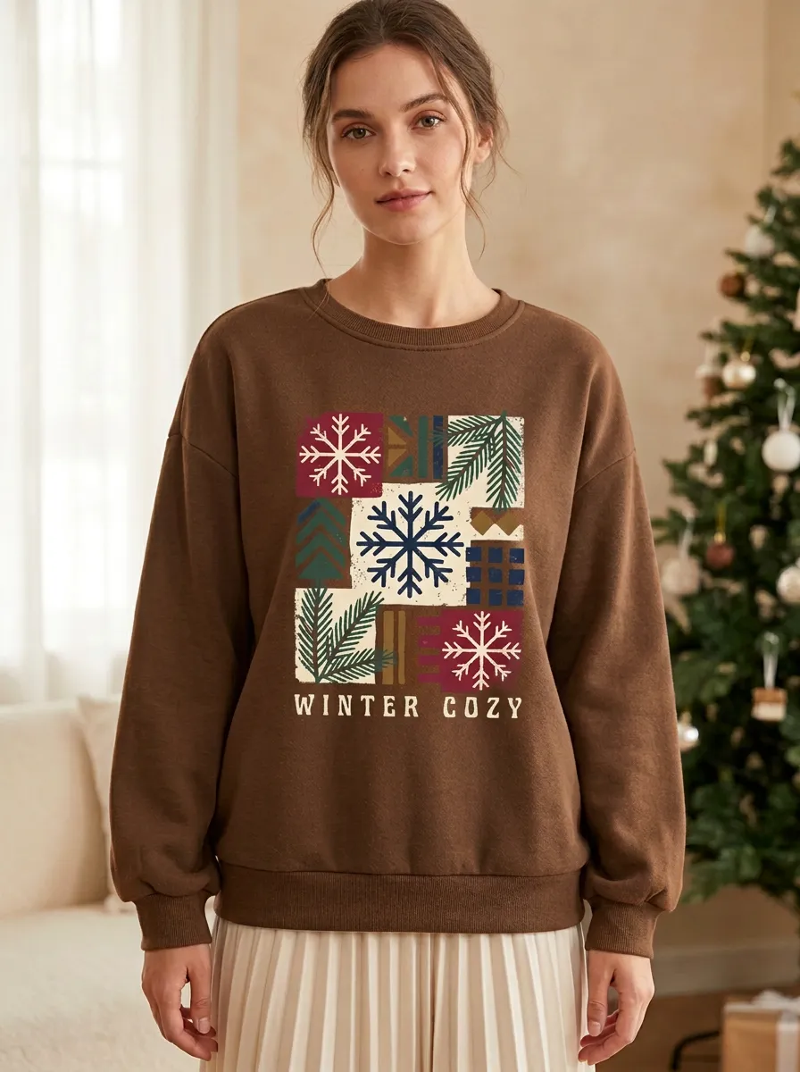 Christmas Winter Cozy Snowflake Pine Print Sweatshirt