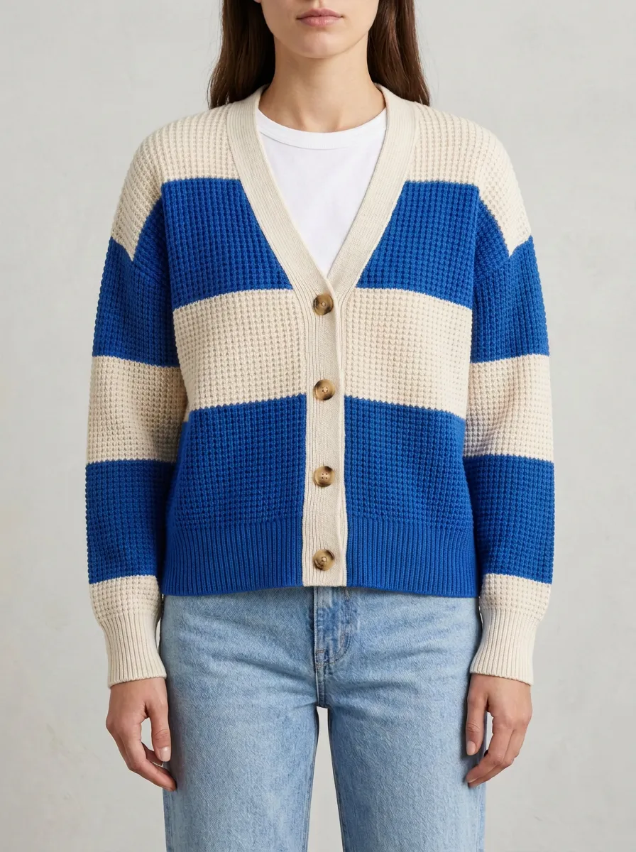 Relaxed Rugby Striped Waffle Knit Cardigan