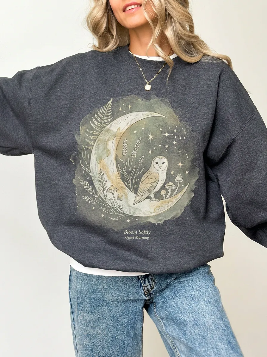 Women's Celestial Owl Moon Mushroom Printed Sweatshirt