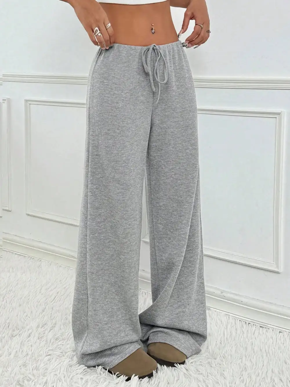 Wide Leg Drawstring Striped Casual Pants