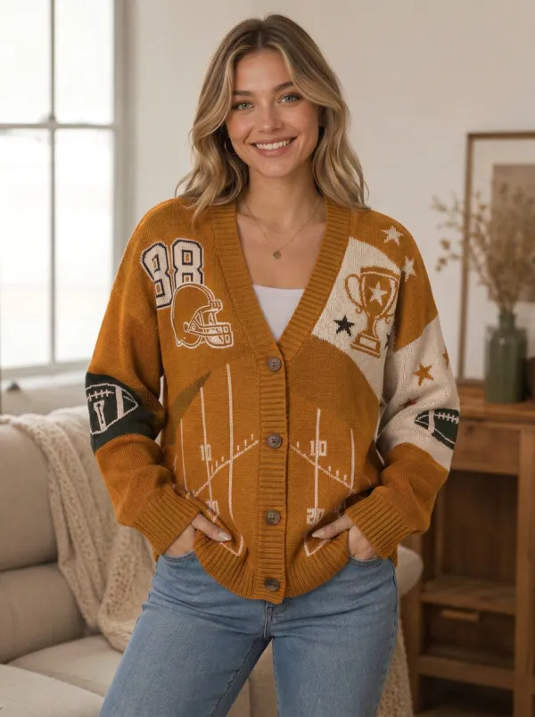 Women's Game Day Football Helmet Trophy Knit Knit Cardigan