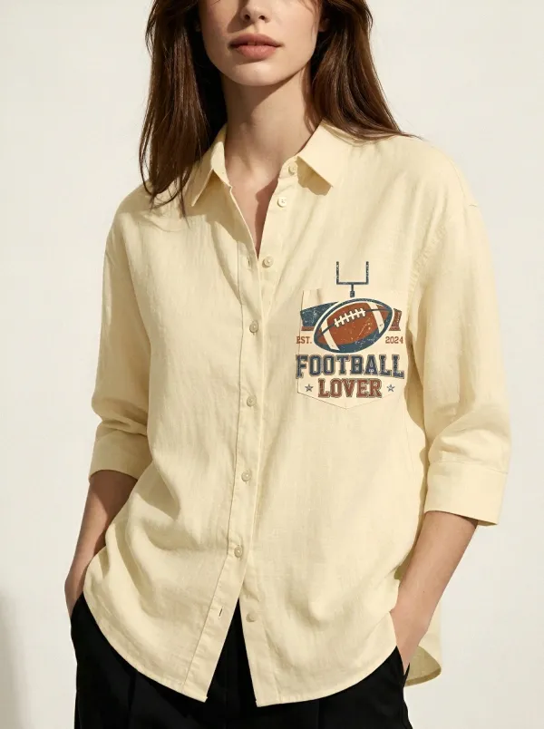 Women's American Football Lover Vintage Graphic Printed Button-up Shirt
