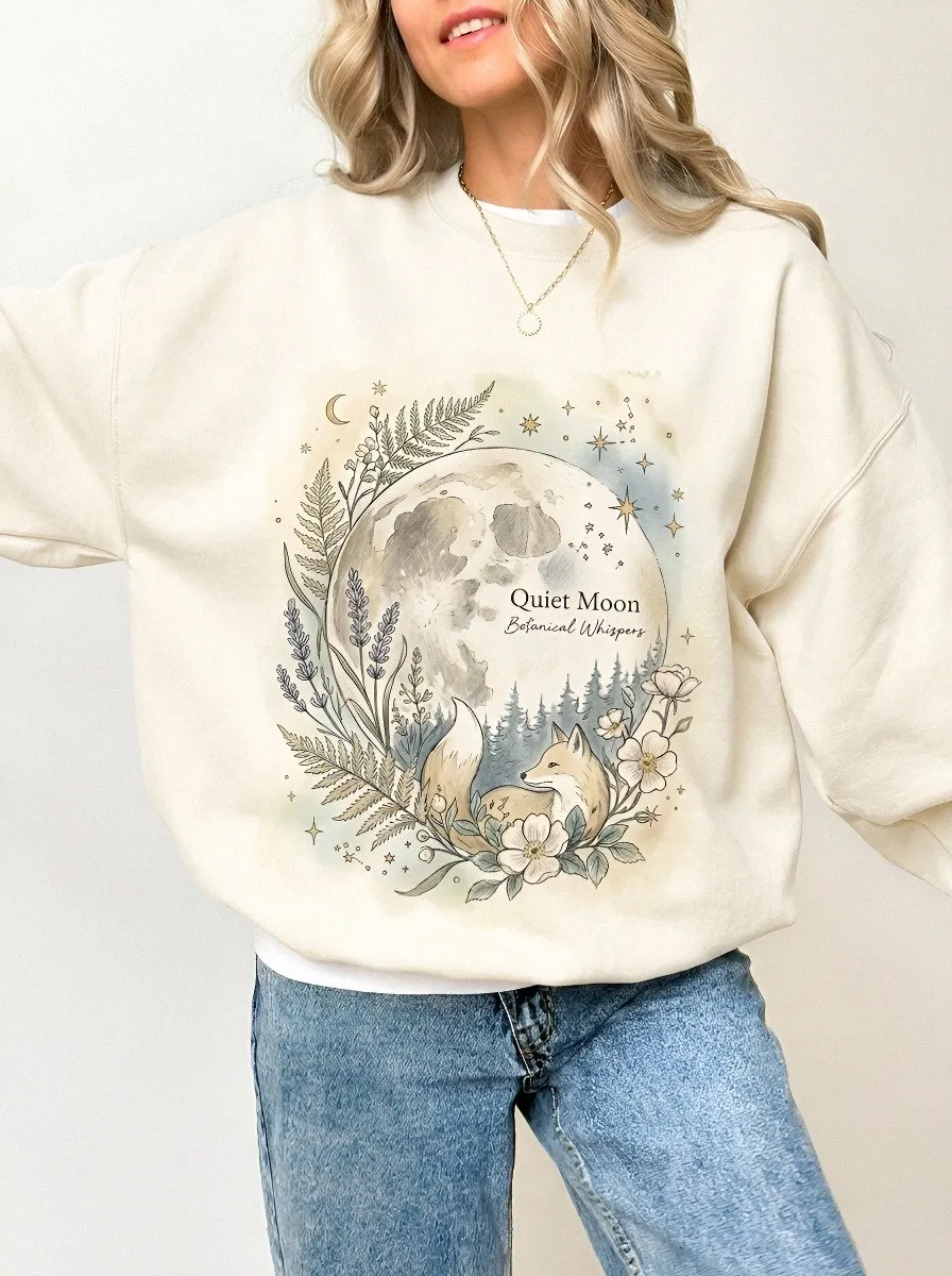 Women's Nature Lover Quiet Moon Fox Botanical Printed Sweatshirt