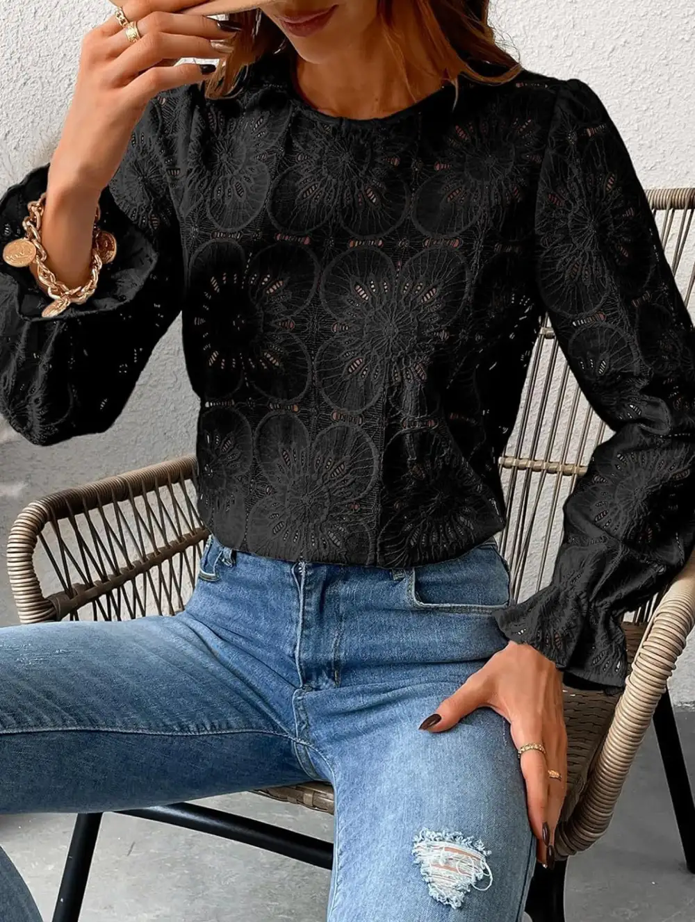 Openwork Lace Long Sleeve Blouse