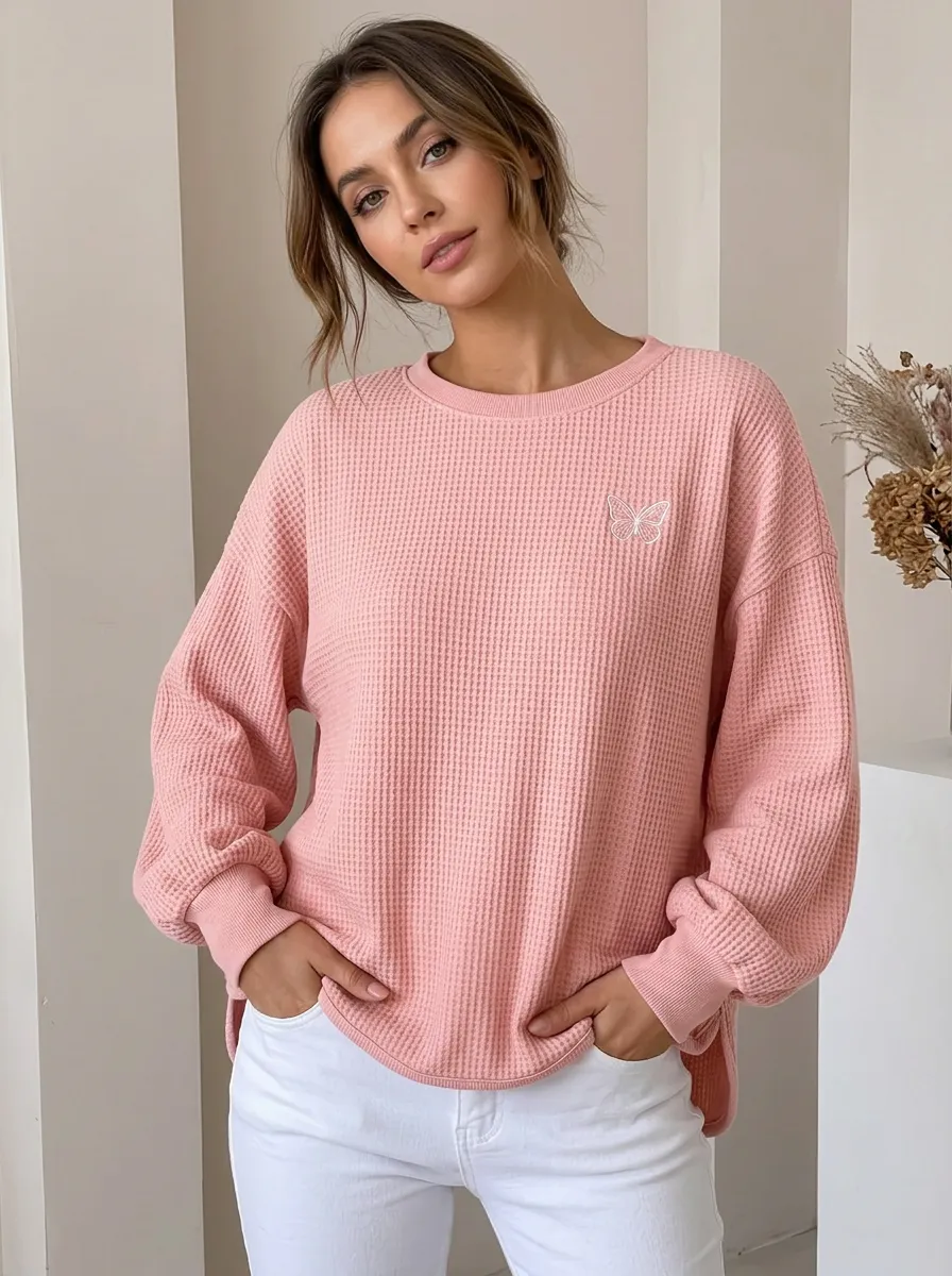 Women's Pink Aesthetic Butterfly Embroidered Waffle Knit Sweatshirt