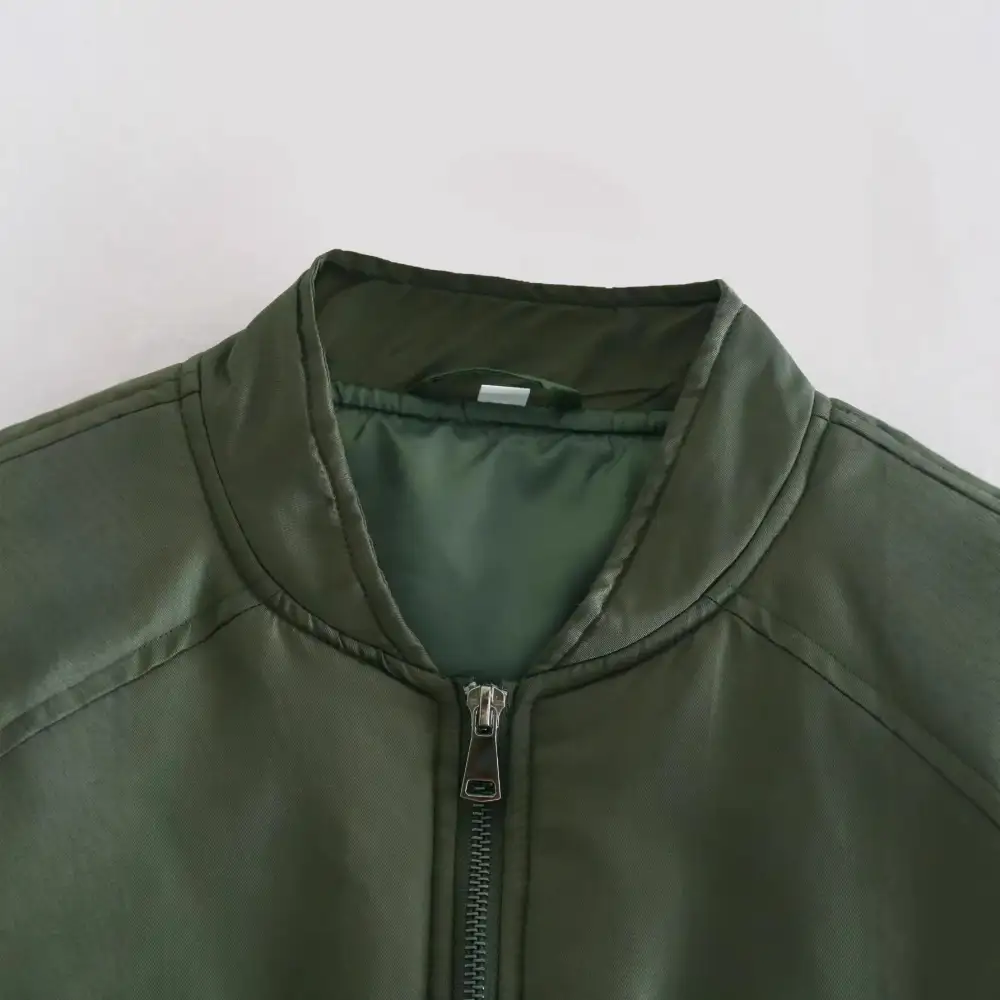 Cropped Quilted Zip Front Bomber Jacket