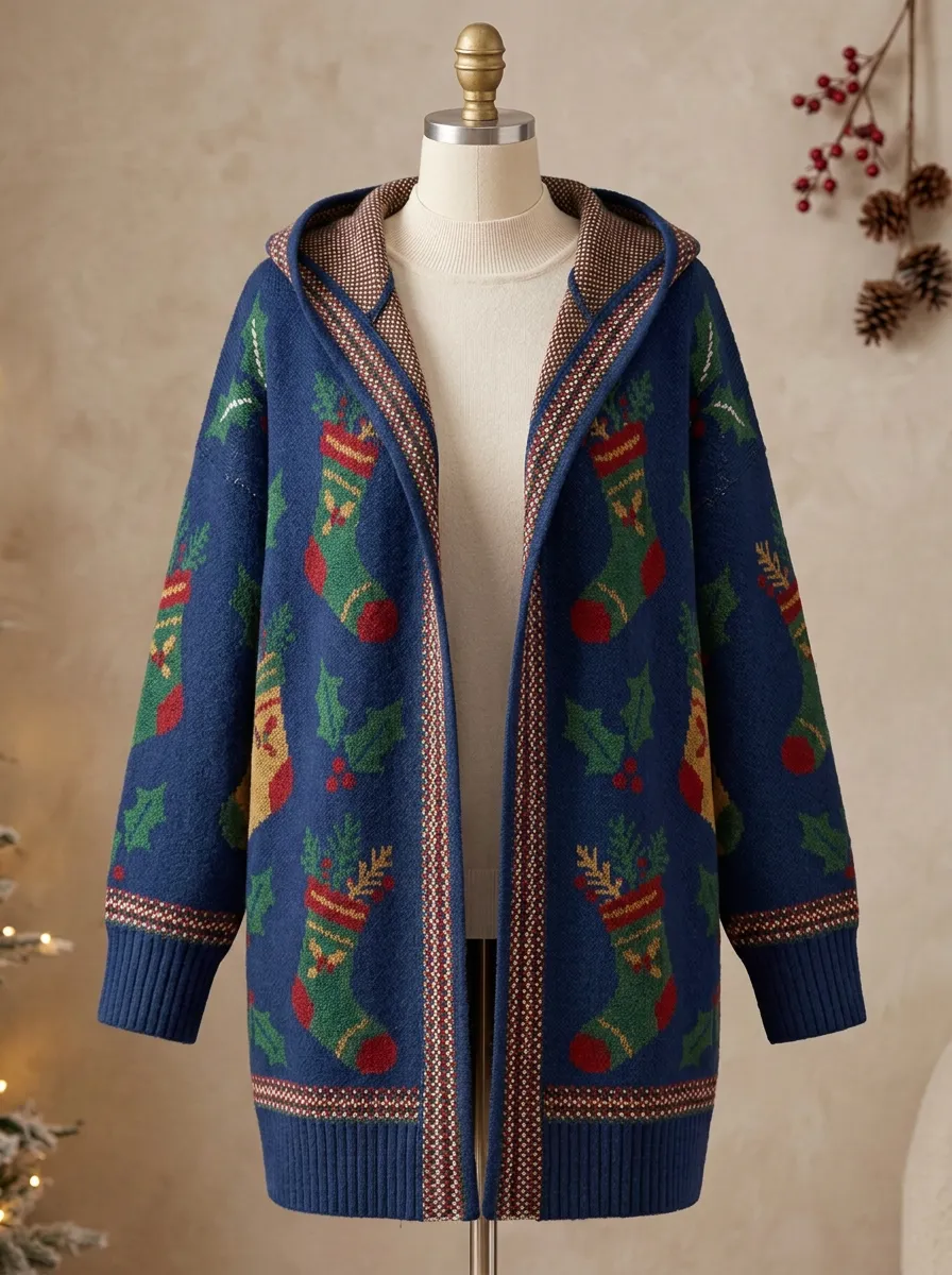 Christmas Holiday Stocking Holly Print Hooded Cardigan