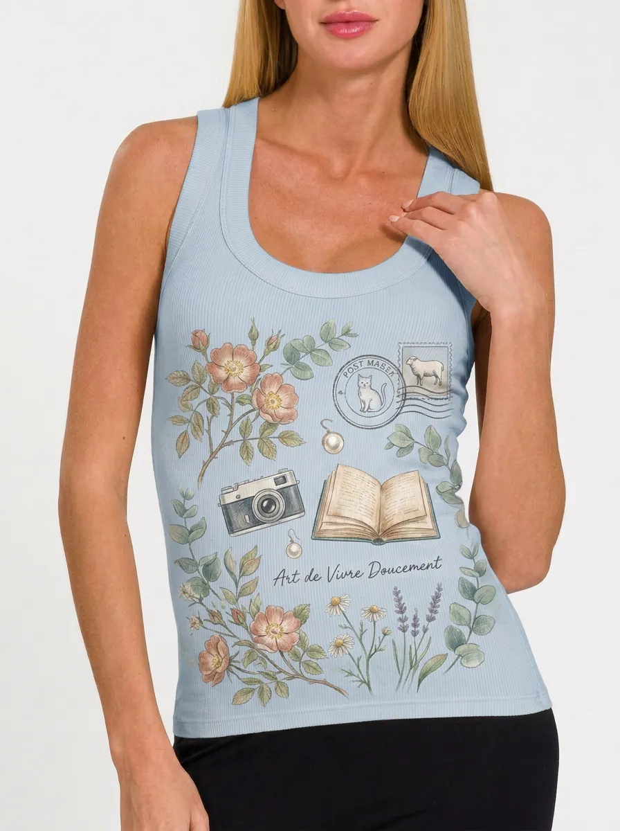 Women's Vintage Aesthetic Floral Camera Book Printed Tank Top