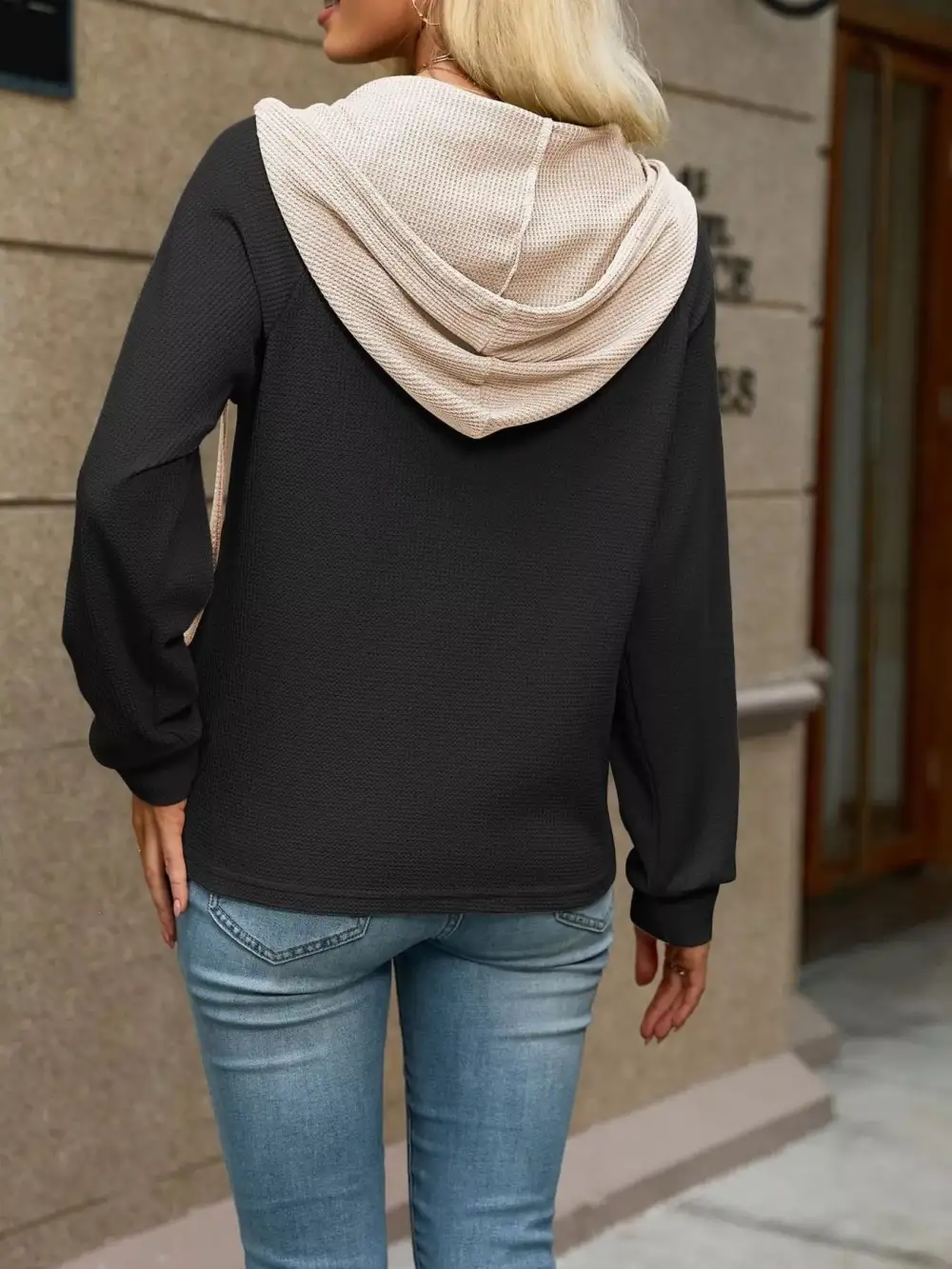 Relaxed Drawstring Buttoned Waffle-Textured Knit Hoodie
