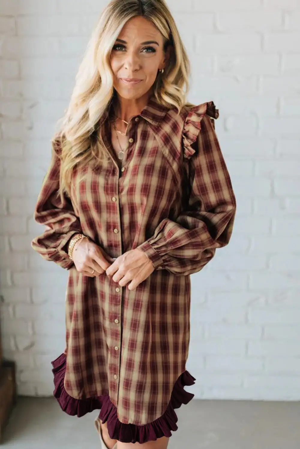 Gathered Detail Plaid Patchwork Ruffle Mini Dress