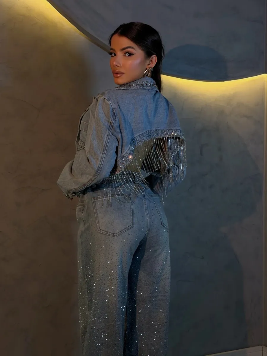 Luna Rhinestone Denim Cropped Blazer & Wide-Leg Pant Set