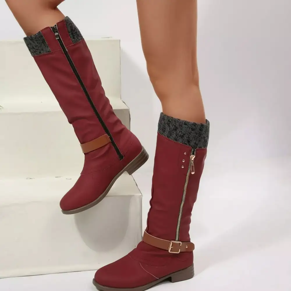 Ruffled Round Toe Block Heels Boots