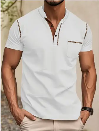 Men's Modern Short-Sleeve Henley With Stand Collar Contrast Stitching And Patch Chest Pocket