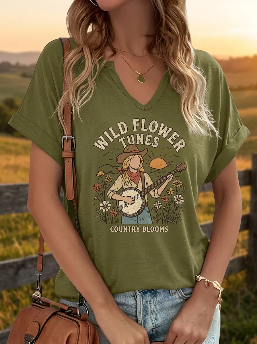 Acoustic-Inspired Banjo Floral Custom Country Music V-Neck T-Shirt