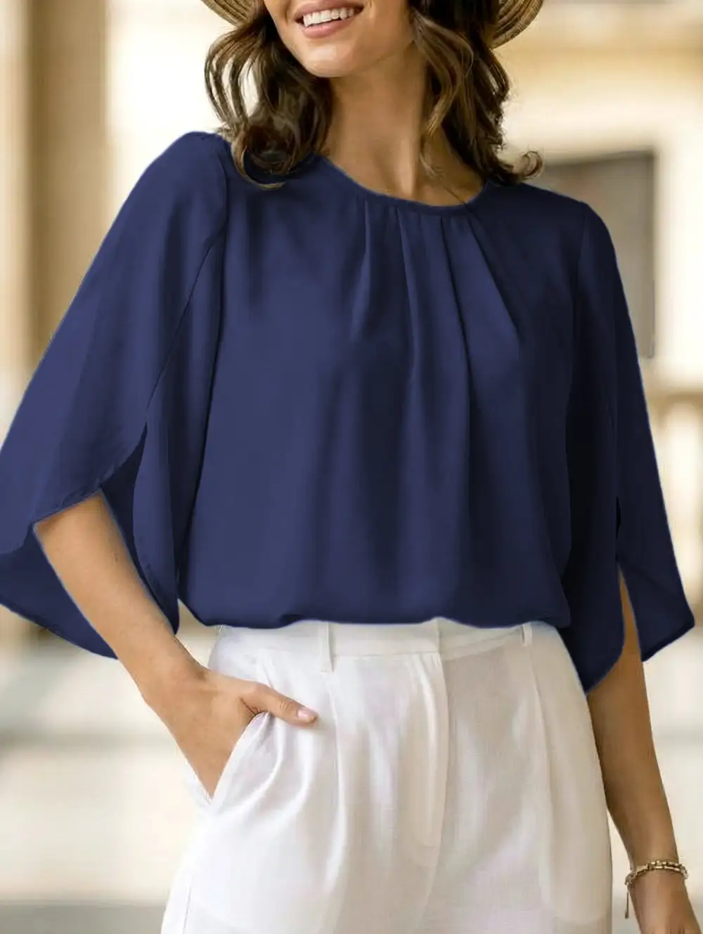 Chiffon Crew Neck Half Sleeve Blouse