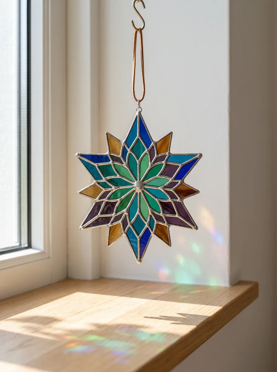 Geometric Star Stained Glass Suncatcher Hanging Ornament