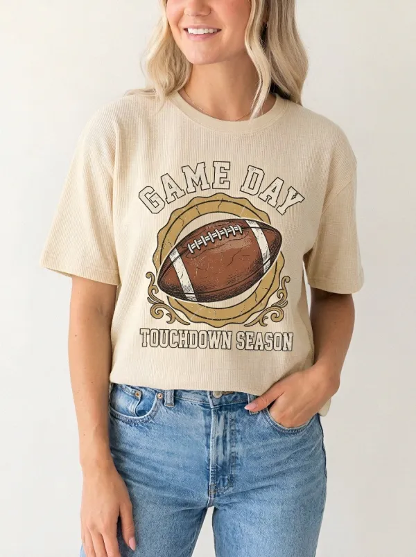 Women's Game-Day Football Lover Game Day Touchdown Season Printed Waffle T-Shirt