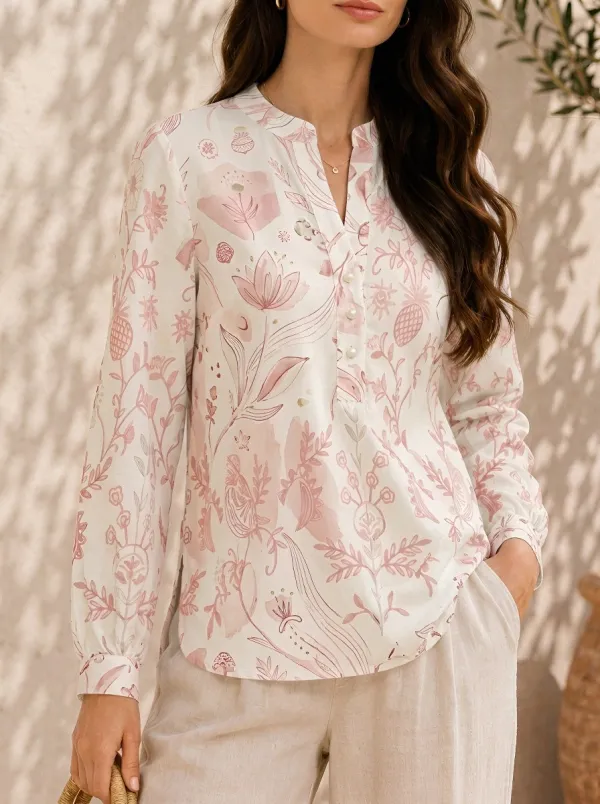 Women's Botanical Floral Blue Watercolor Printed V-Neck Blouse