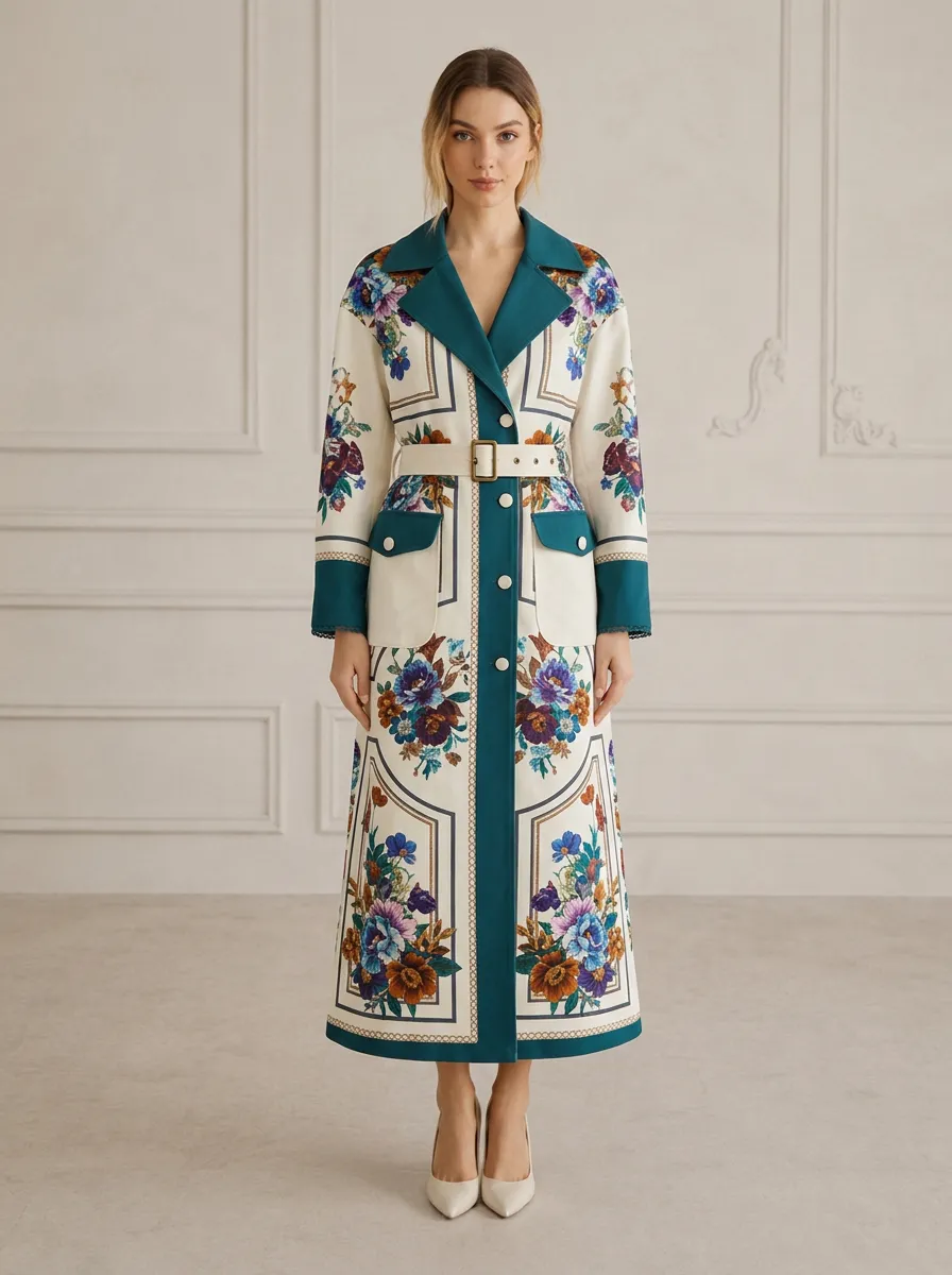 Women's Vintage Floral Pattern Printed Belted Trench Coat