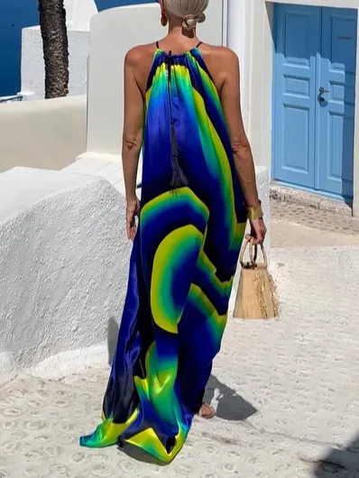 Abstract Swirl Print Halterneck Maxi Dress