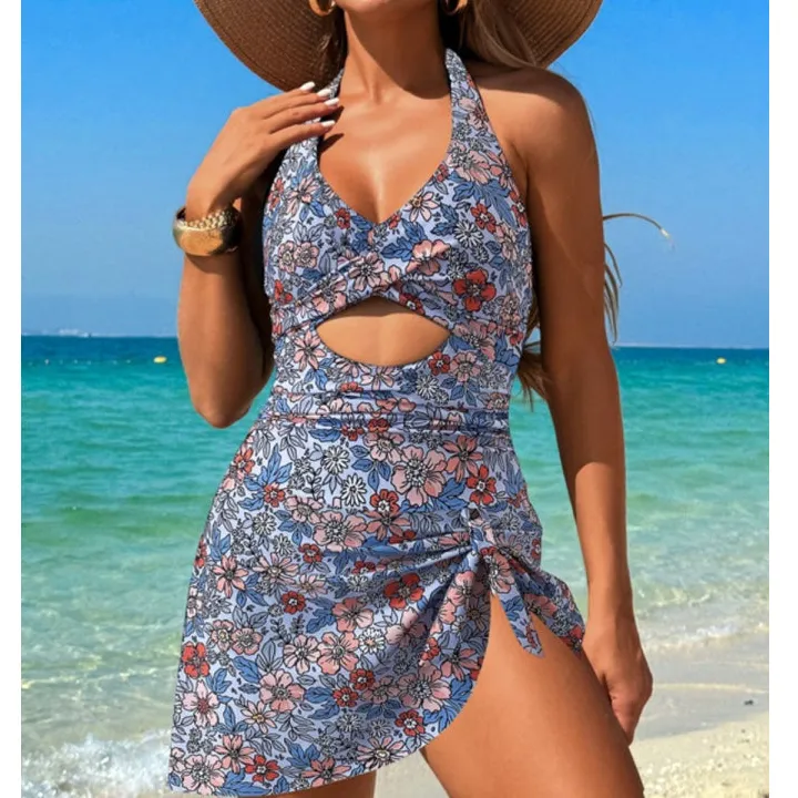Women's Cutout Halter Printed One-Piece Swimsuit