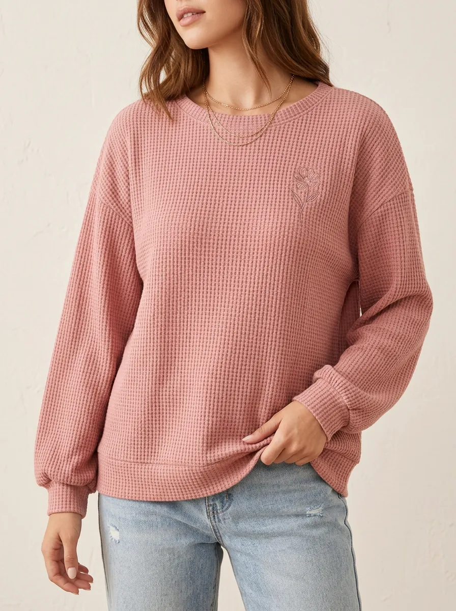 Women's Minimalist Floral Pink Waffle Knit Printed Sweatshirt