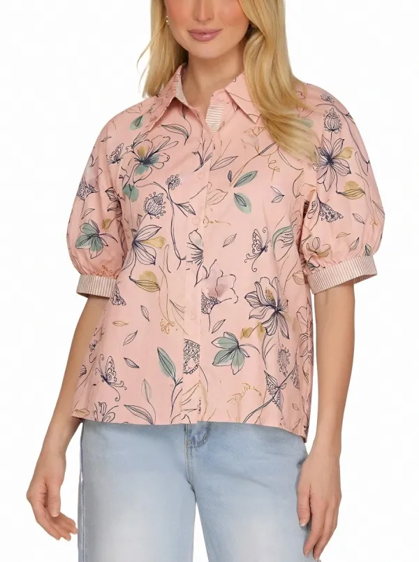 Women's Floral Butterfly Botanical Printed Puff Sleeve Shirt