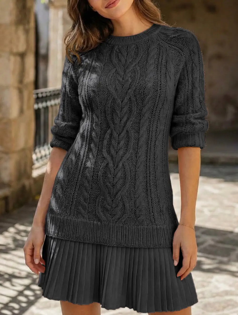 Cable Knit Chiffon Patchwork Mini Dress