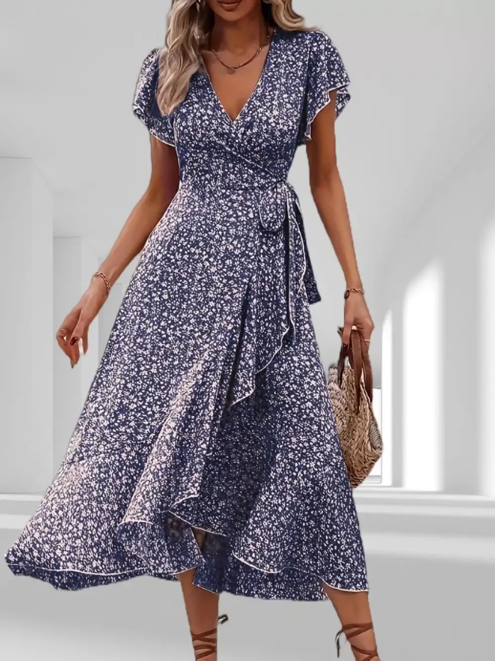 Ruffle Hem Wrap Midi Dress