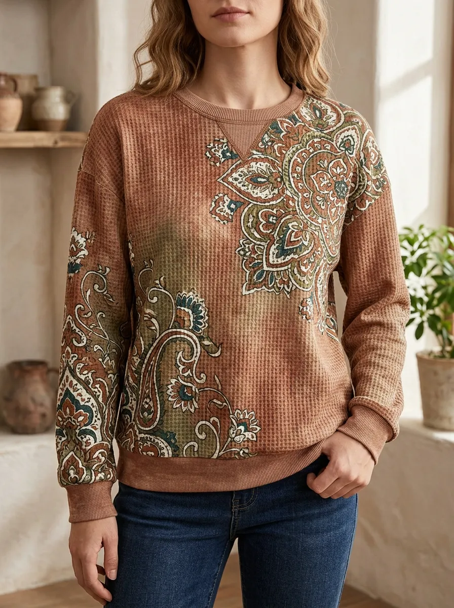 Women's Boho Paisley Pattern Art-Inspired Waffle Knit Crewneck Sweatshirt