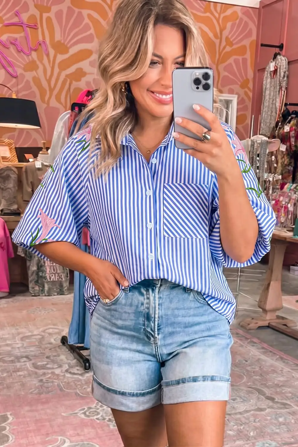 Embroidered Floral Button Front Blouse