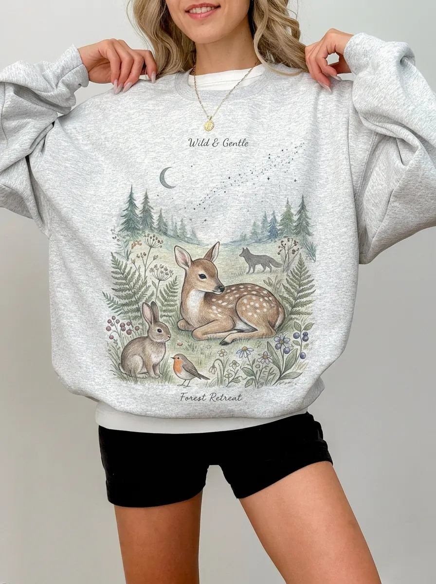 Women's Nature Lover Forest Animal Deer Rabbit Printed Sweatshirt