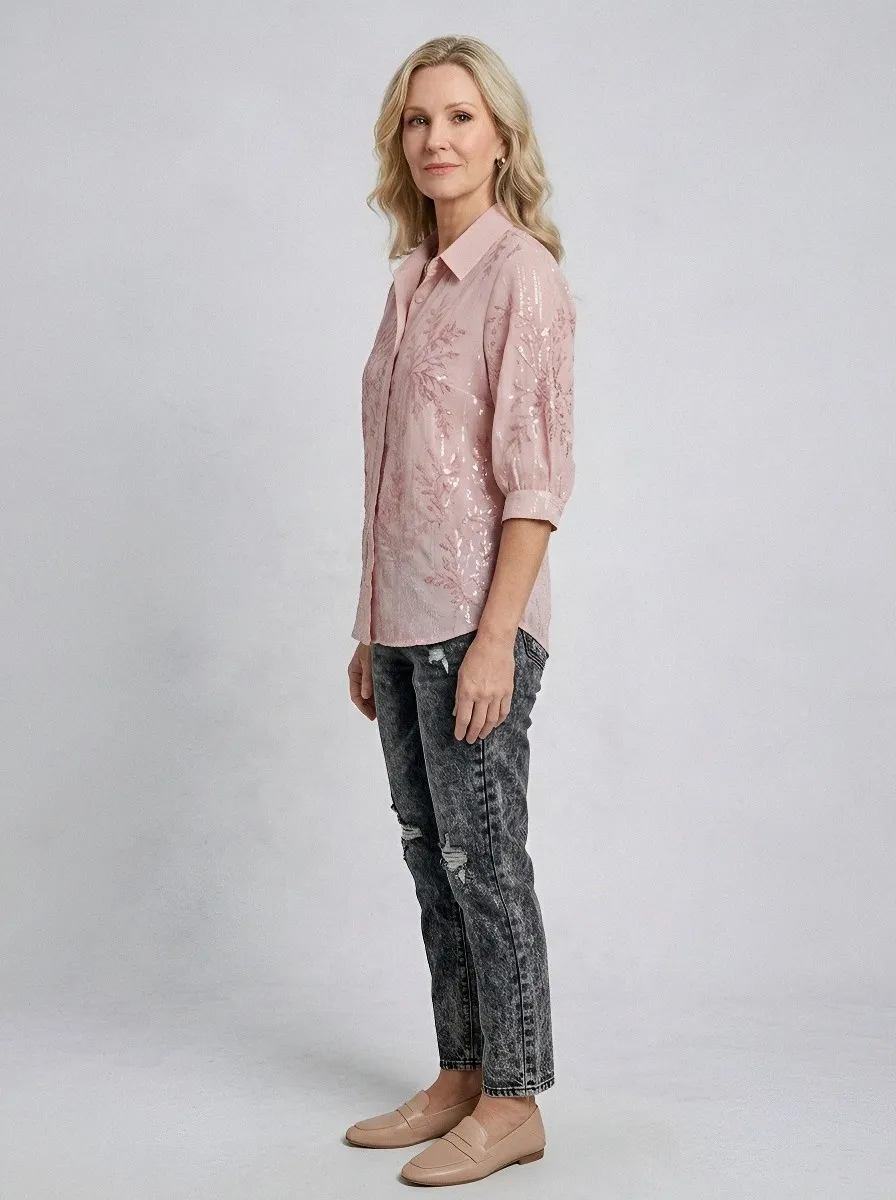 Women's Breast Cancer Awareness Pink Floral Embroidered Button-Down Shirt