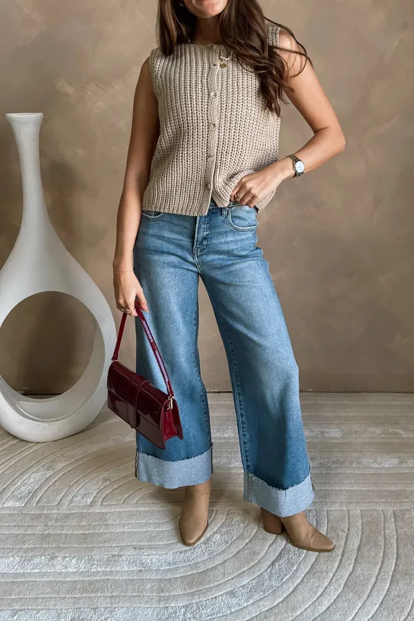 Folded Hem Jeans With Pockets