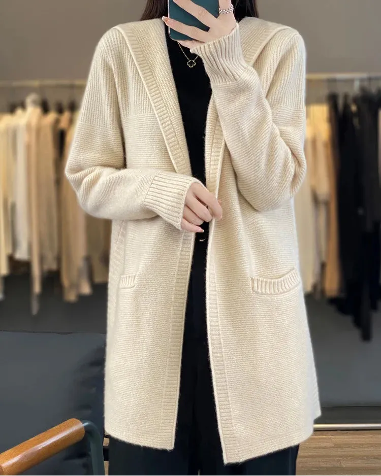 Merino-Wool Wool Hooded Longline Cardigan
