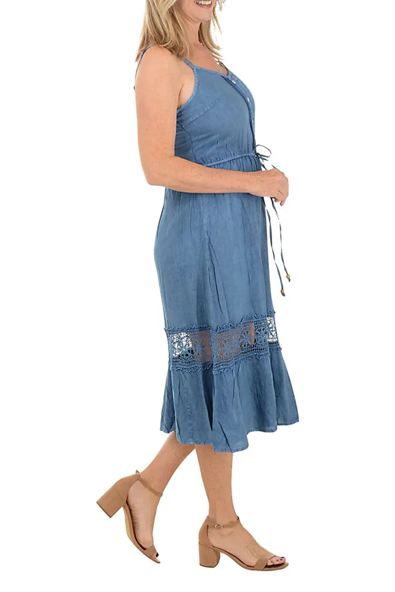 Lacy Denim Tie-Waist Sleeveless Dress