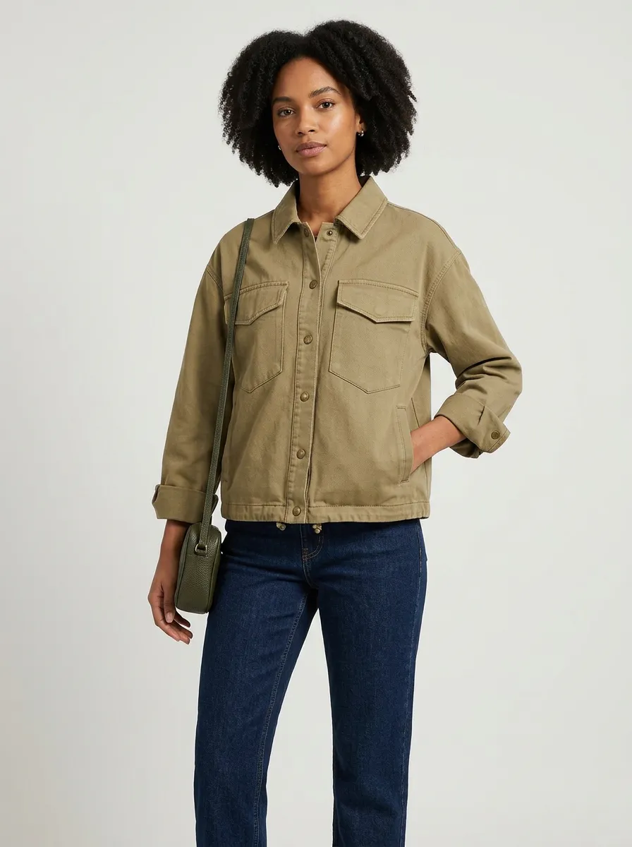 Women's Casual Utility Style Olive Green Button-Up Jacket