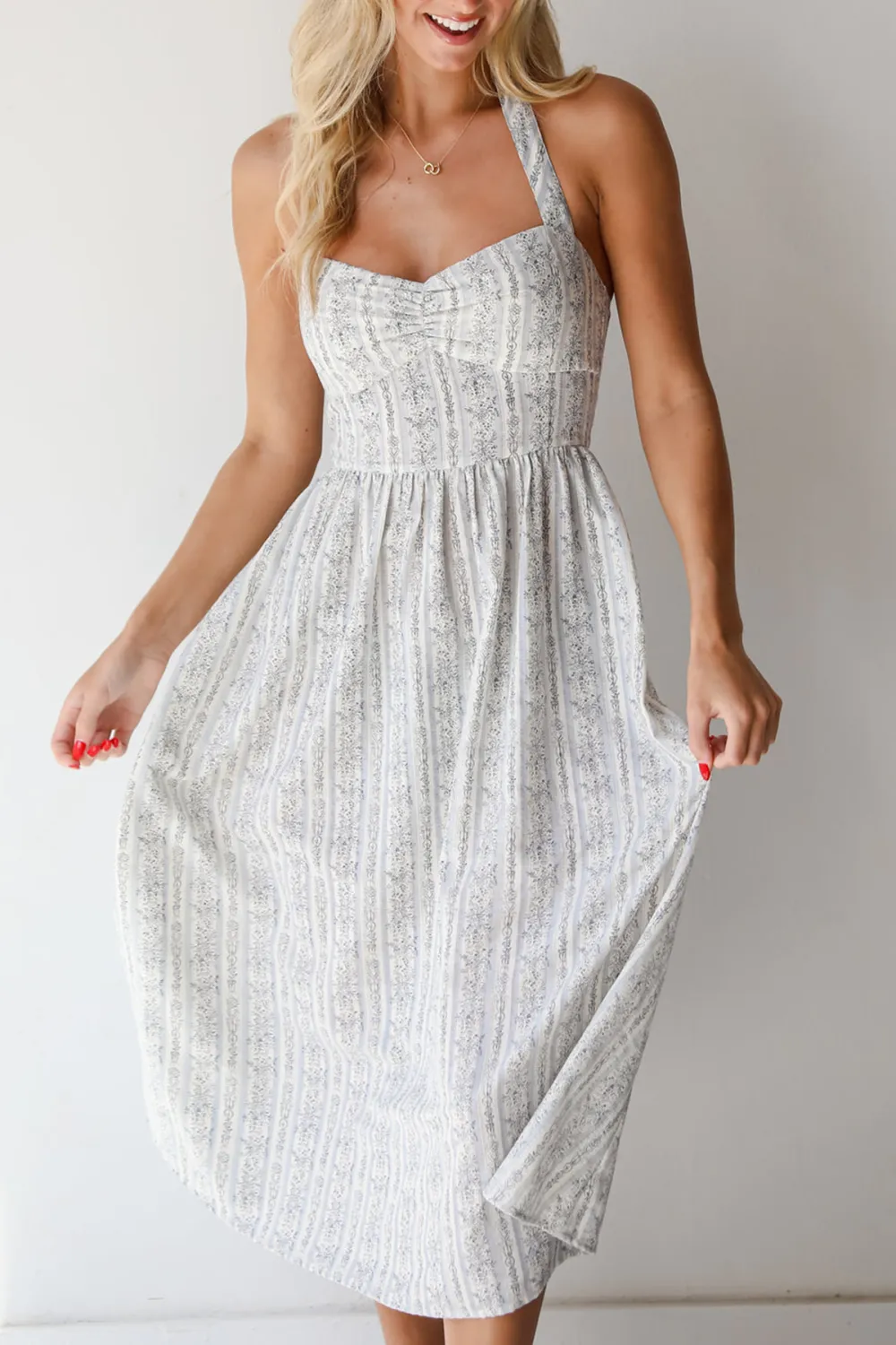 Blue Striped Floral Halter Midi Dress