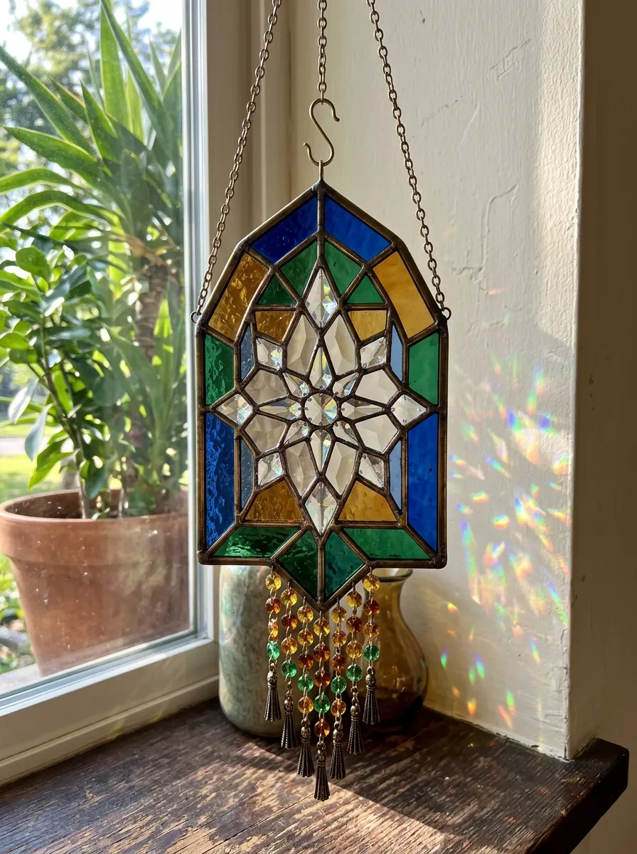 Crystal Suncatcher with Geometric Stained Glass Star