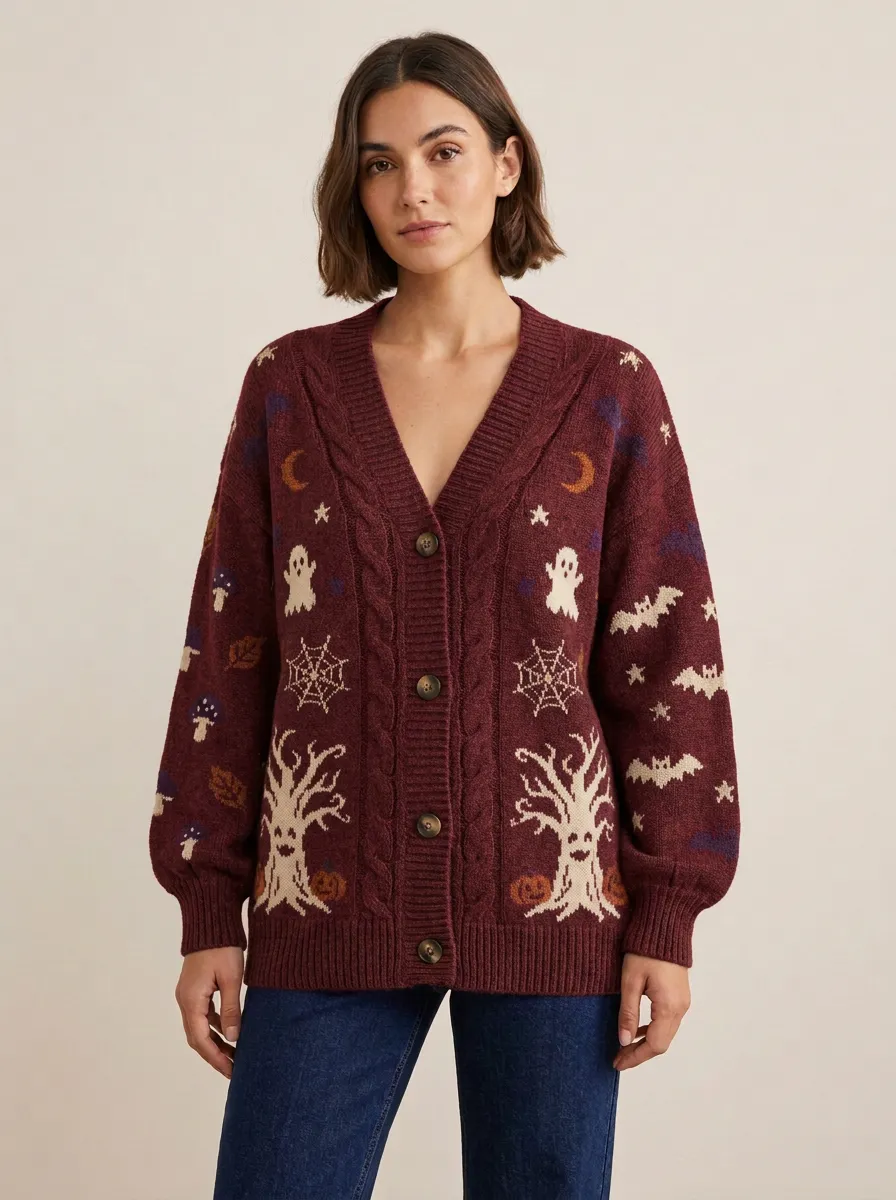 Women's Halloween Ghost Pumpkin Bat Pattern Knitted Cardigan