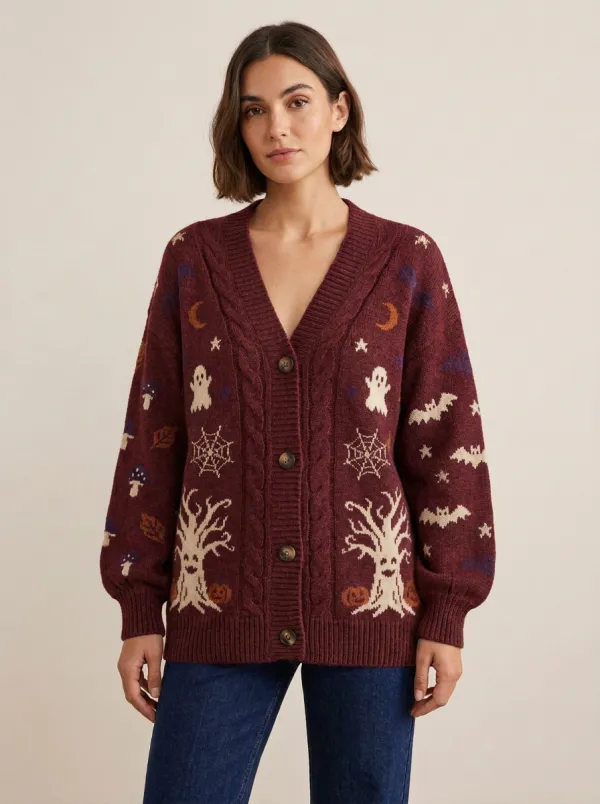 Women's Halloween Ghost Pumpkin Bat Pattern Knitted Cardigan