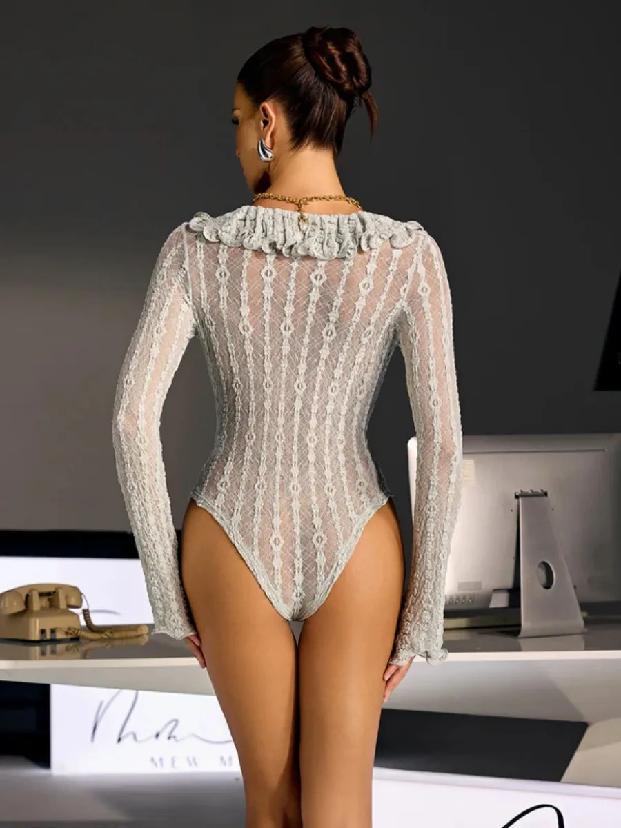 Elara Lace Ruffled Sheer Long-Sleeve Bodysuit