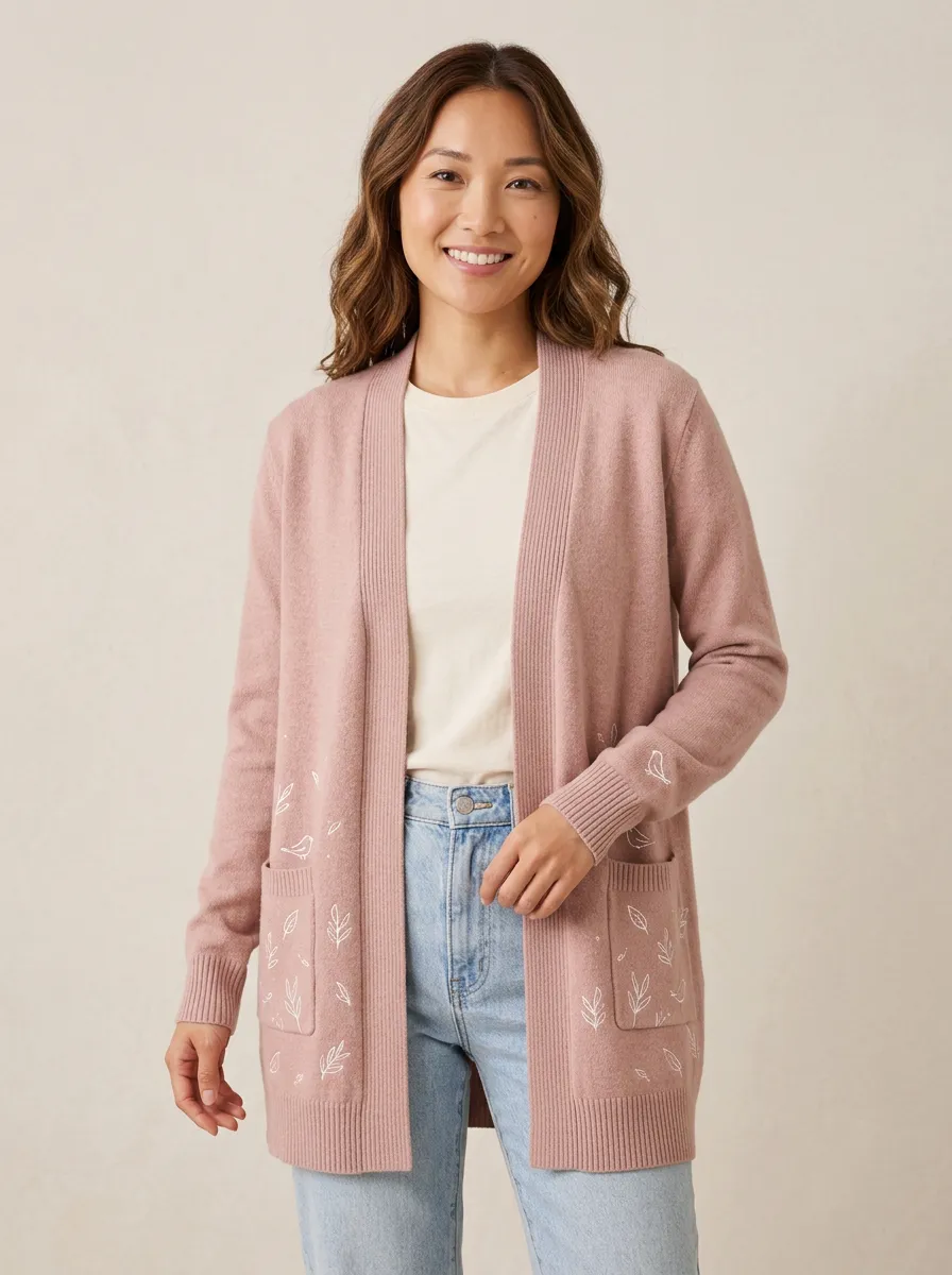 Women's Nature Lover Bird Leaf Embroidered Printed Knit Cardigan