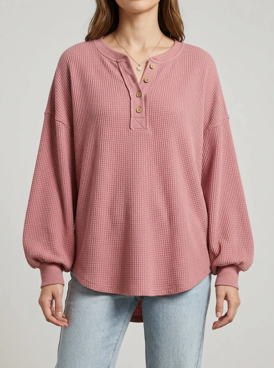 Women's Pink Waffle Knit Button Down Long Sleeve Sweatshirt