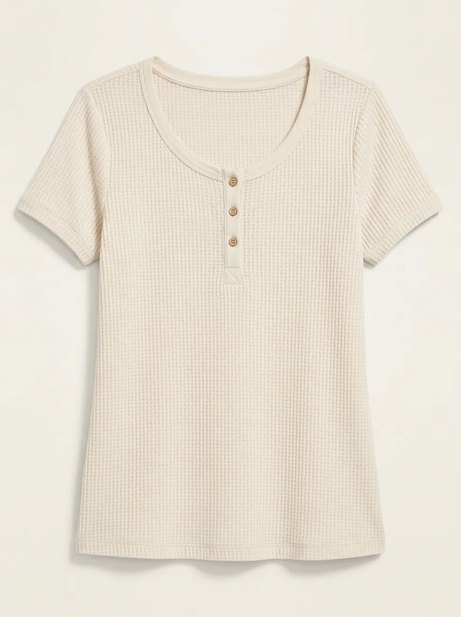 Women's Off-White Waffle Knit Henley T-Shirt with Ribbed Trim