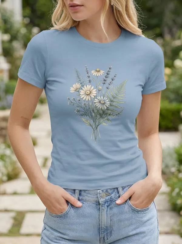 Women's Botanical Nature Lover Daisy Lavender Fern Printed T-shirt
